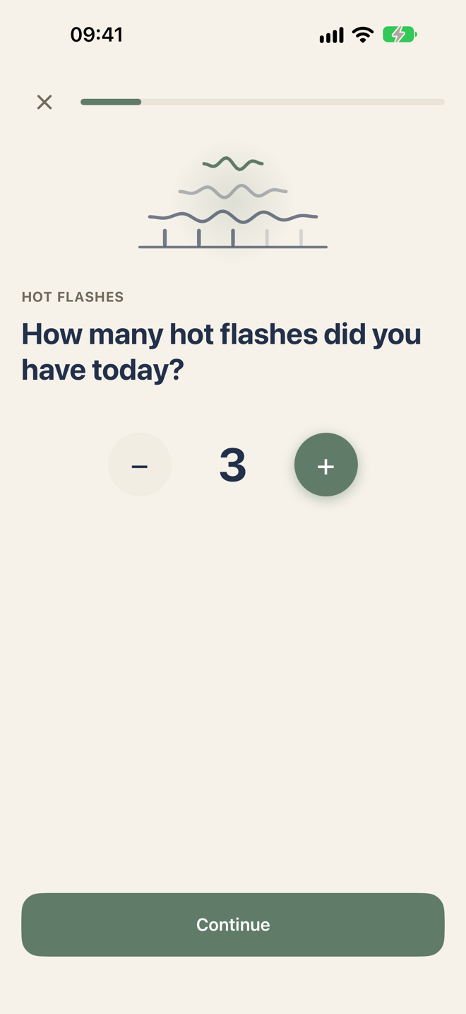 The daily check-in asking how many hot flashes you had today, with a counter set to 3.